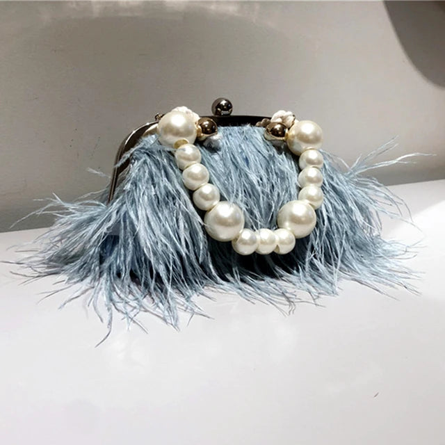 Sac du soir Mimosa Pervenche Paris – plumes et chaîne perlée – photo 8