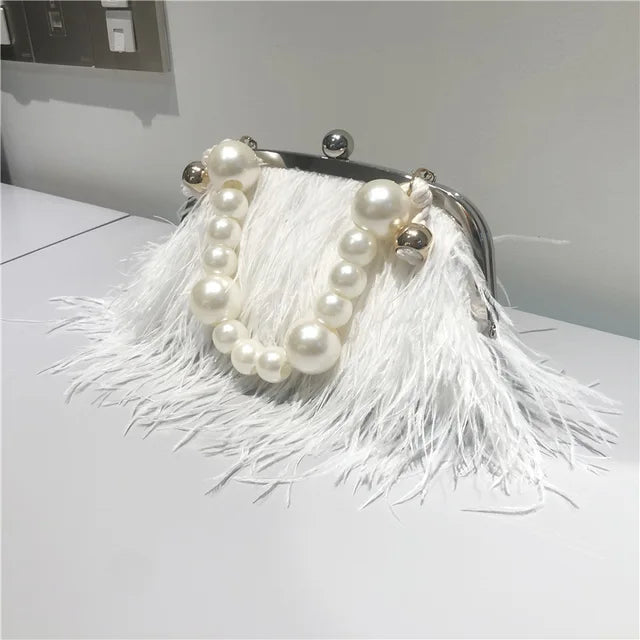 Sac du soir Mimosa Pervenche Paris – plumes et chaîne perlée – photo 13